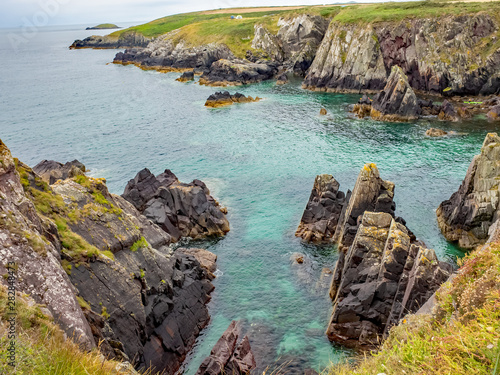 Porth Ffynnon on the Welsh Coastal Path captured from above, Pembrokeshire, South Wales