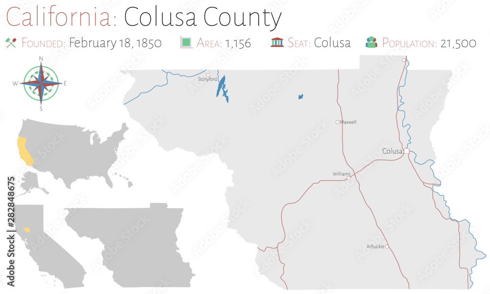 Large and detailed map of Colusa county in California, USA