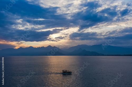 Amazing great atmospheric dramatic sunset marine landscape. Horizontal color photography.