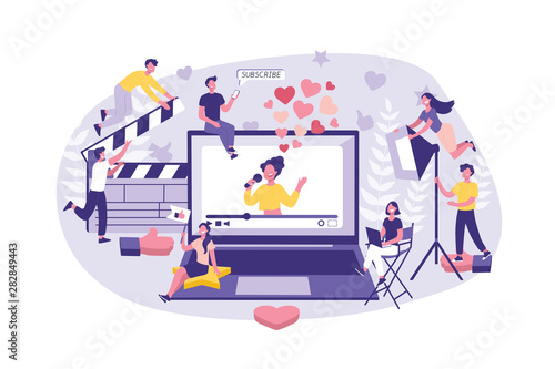 Business Concept Influencer marketing. Big group of Clerks ready teamwork, filming of the Celebrity and Advance of the Content. Team of businessmen together successfully perform the job. Cartoon flat