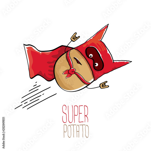 vector funny cartoon cute brown super hero potato with red hero cape isolated on white background. My name is potato vector concept. super vegetable funky character