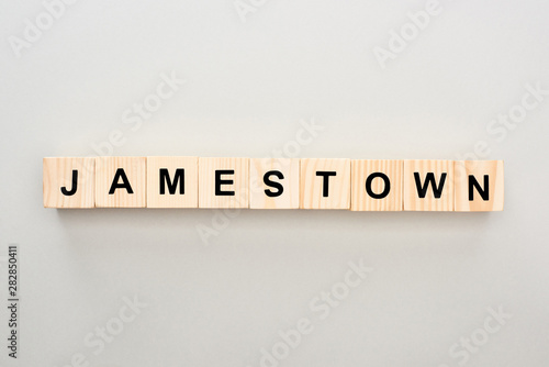 top view of wooden blocks with Jamestown lettering on grey background