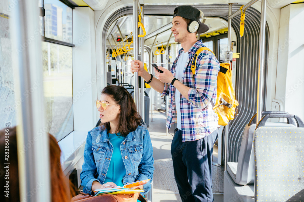 Fototapeta premium Interior Of Bus With Passengers