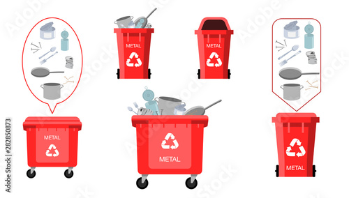 Set of red Recycling Bins, Containers and Buckets Vector For Metal Trash. Waste management. Opened And Closed. Different size and kind. Front View. Sign Arrow. Isolated Illustration