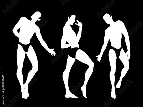 Sexy handsome men silhouettes dancing in underwear, stripper, go-go boy, gay club disco, vector illustration