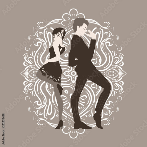 Retro party card, man and woman dressed in 1920s style dancing, flapper girls handsome guy in vintage suit, twenties, vector illustration