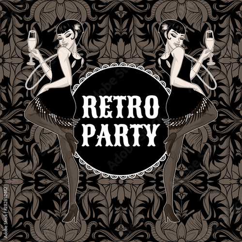 Retro party card, young beautiful woman dressed in 1920s style holding champagne glass, flapper girl, twenties, vector illustration