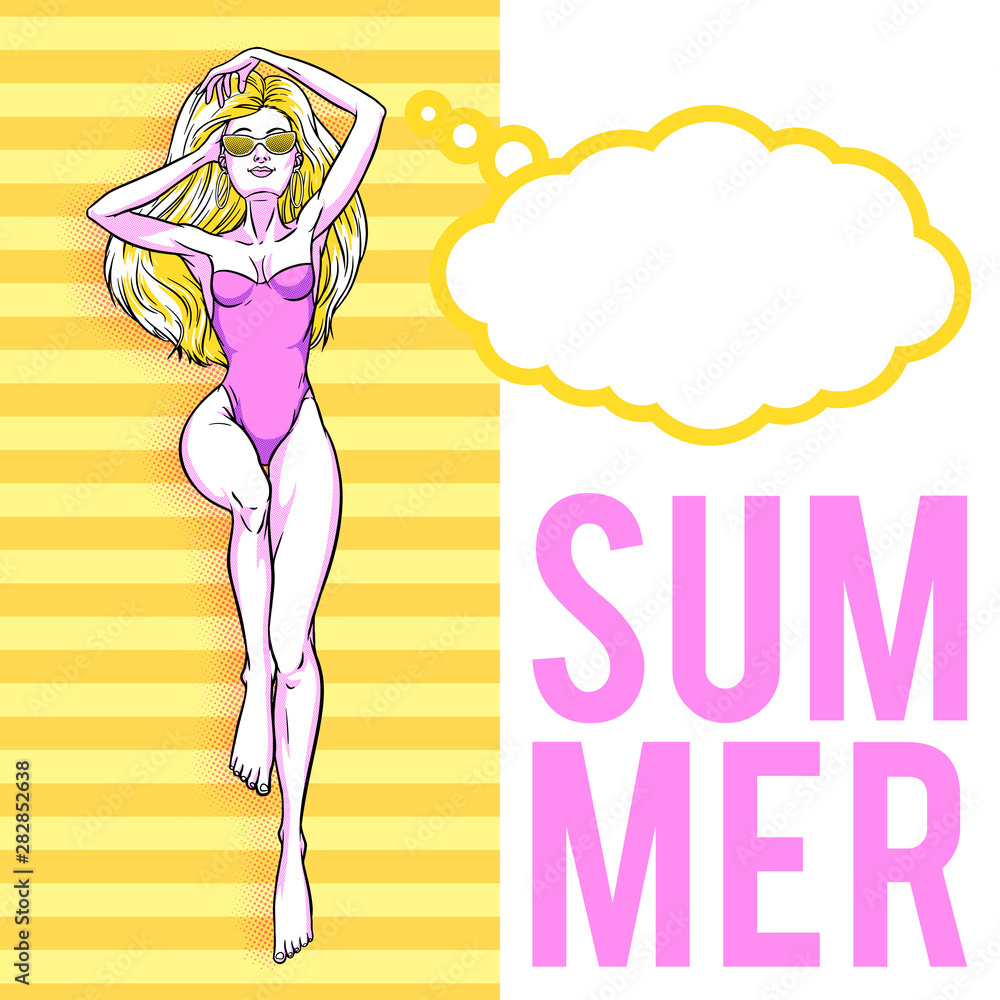 Young beautiful blonde woman in swimsuit. Beach girl, bikini, summer holidays. Glamour model. Vector comic illustration Young beautiful blonde woman in swimsuit. Beach girl, bikini, summer holidays. Glamour model. Vector comic illustration