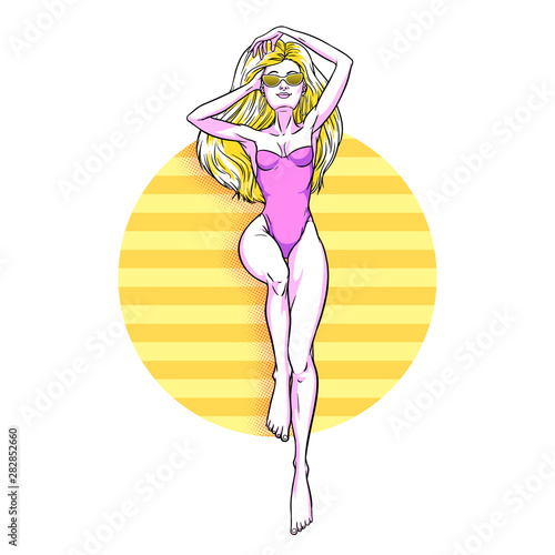 Young beautiful blonde woman in swimsuit. Beach girl, bikini, summer holidays. Glamour model. Vector comic illustration