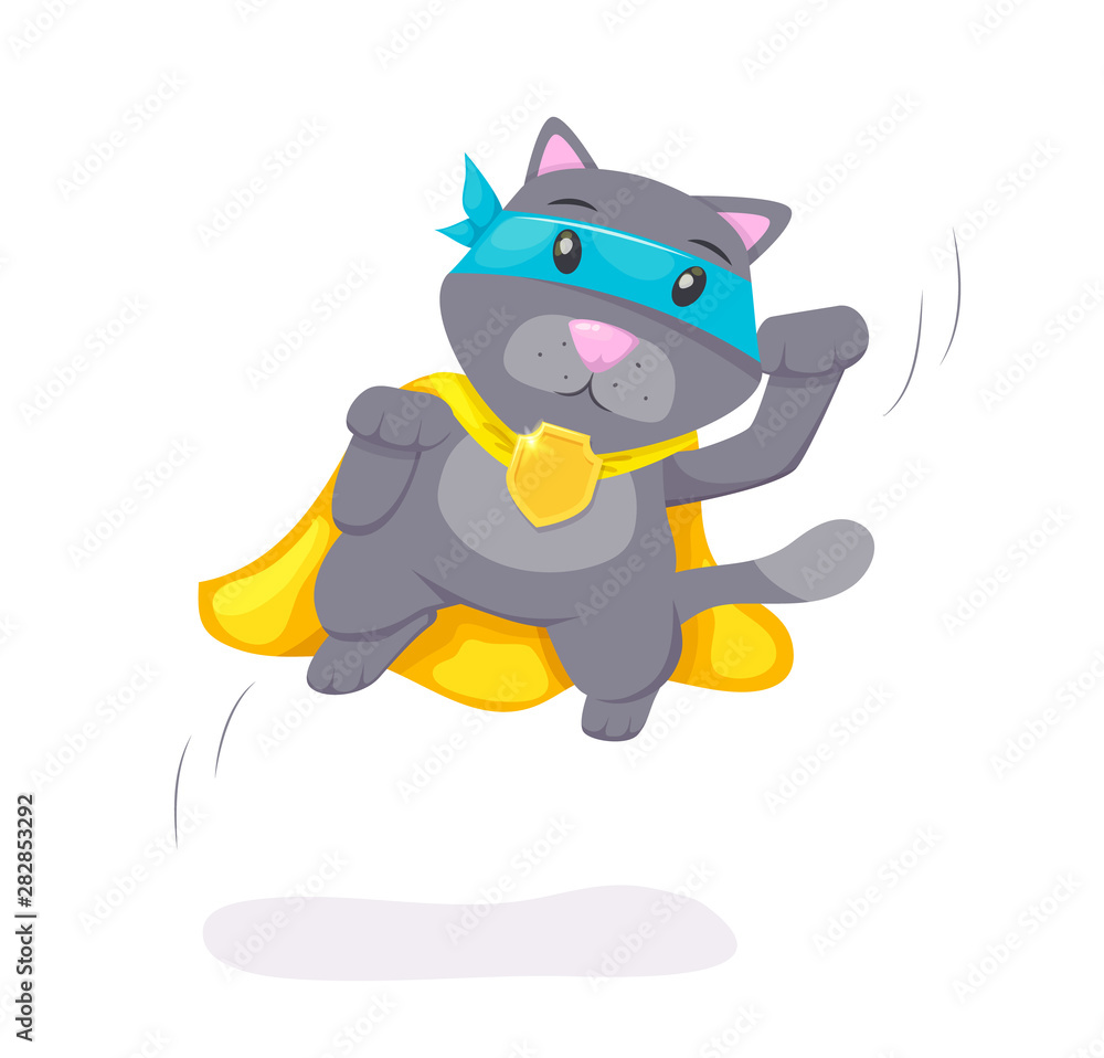 Cute superhero animal kid with a superhero cape and mask. Flying cat in super hero costume and mask on the eyes vector illustration isolated. Concept for business, success, goal achievement.