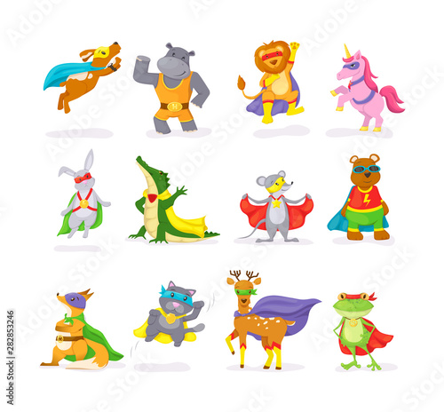 Cute superhero animal kids with a superhero cape and masks. Deer, mouse, teddy bear, fox, dog, kitten, unicorn, lion, hippo, crocodile, frog, cat vector illustration isolated