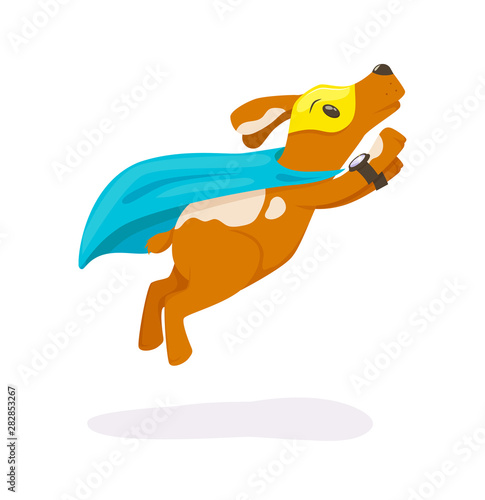 Cute superhero animal kids with a superhero cape and masks. Flying dog in super hero costume and mask on the eyes vector illustration isolated. Concept for business, success, goal achievement