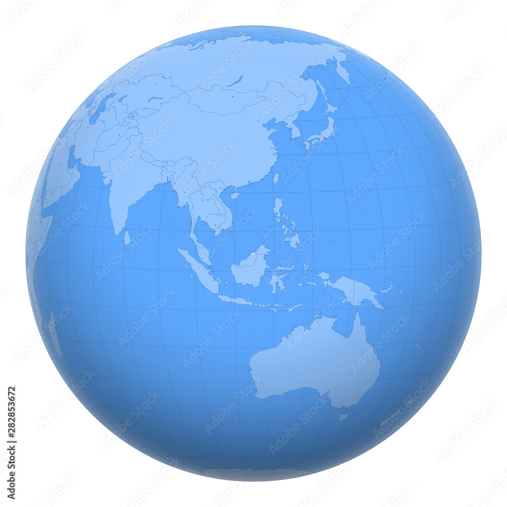 Brunei on the globe. Earth centered at the location of the Nation of Brunei, the Abode of Peace. Map of Brunei. Includes layer with capital cities.