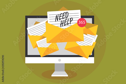 Conceptual hand writing showing Need Help. Business photo text When someone is under pressure and cannot handle the situation Computer receiving emails messages envelopes with papers virtual photo