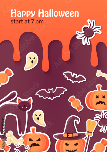 Scary Halloween poster template with bats, ghosts, spiders and pumpkins for web and printing.