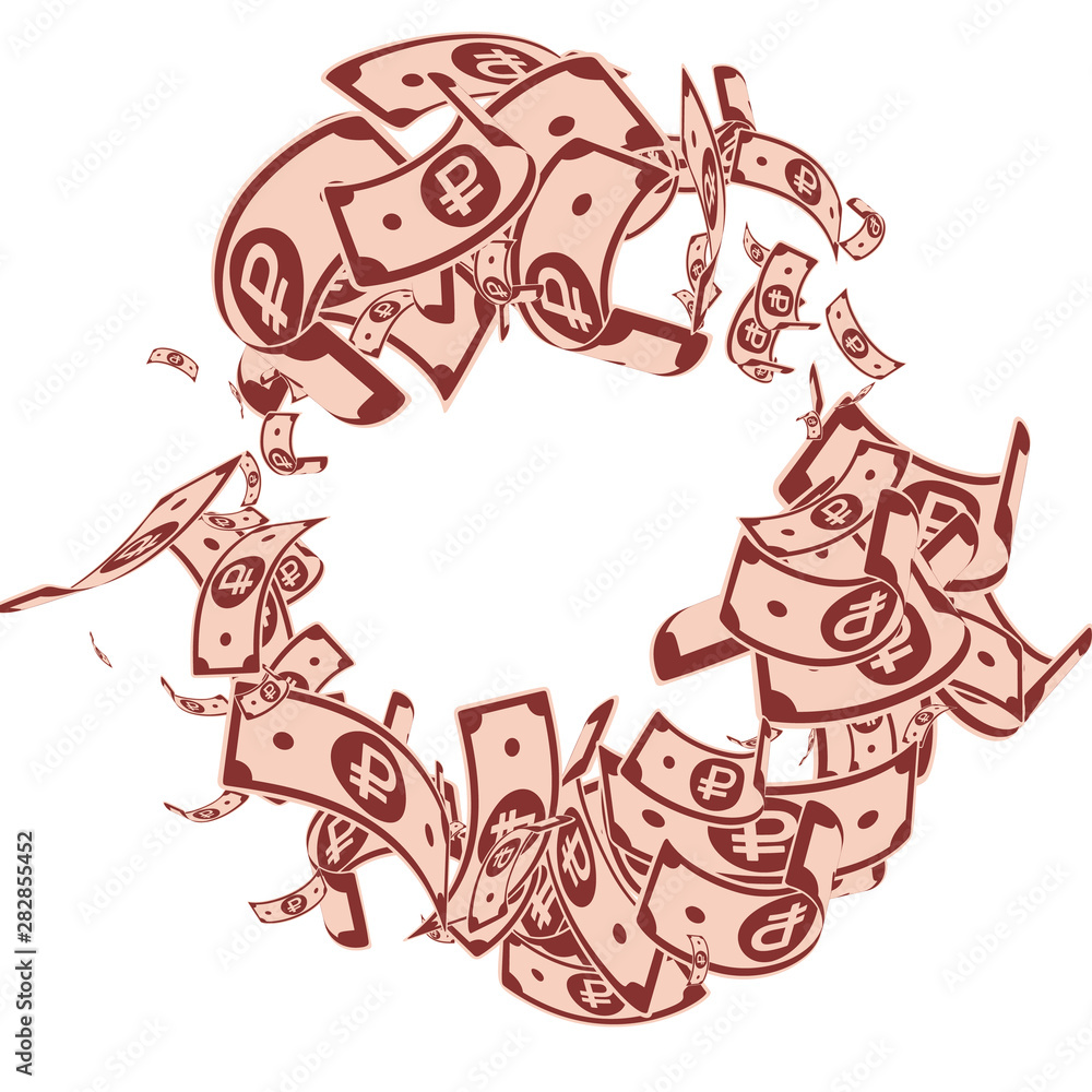 Fototapeta premium Russian ruble notes falling. Messy RUB bills on wh