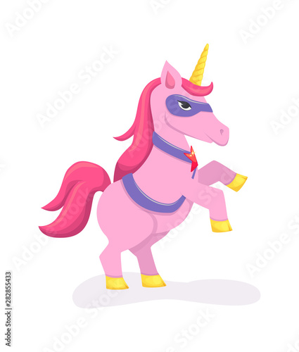 Superhero animal kids with a superhero cape and masks. Cute unicorn character in super hero costume vector illustration isolated.