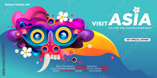 World Travel Day Asian Visit Banner Template. Vector Illustration of Indonesian Culture Mask and Puppet for Landing Page Banner.