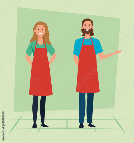 set of saleswoman and salesman with hairstyle wearing apron
