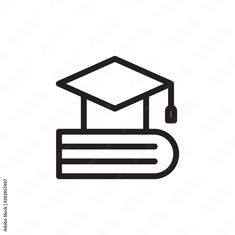 flat line graduation cap with book icon. Logo element illustration. university design. vector eps 10 . academic educate concept. Can be used in web and mobile . flat line graduation cap with book icon. Logo element illustration. university design. vector eps 10 . academic educate concept. Can be used in web and mobile .