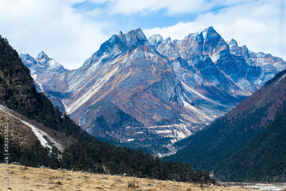 Rock mountain peaks in Himalayas, Yumthang Valley, North Sikkim, India