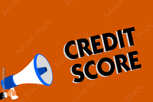 Conceptual hand writing showing Credit Score. Business photo showcasing Represent the creditworthiness of an individual Lenders rating Man holding loudspeaker orange background message speaking