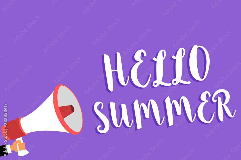 Conceptual hand writing showing Hello Summer. Business photo text Welcoming the warmest season of the year comes after spring Man holding megaphone loudspeaker purple background speaking loud Conceptual hand writing showing Hello Summer. Business photo text Welcoming the warmest season of the year comes after spring Man holding megaphone loudspeaker purple background speaking loud