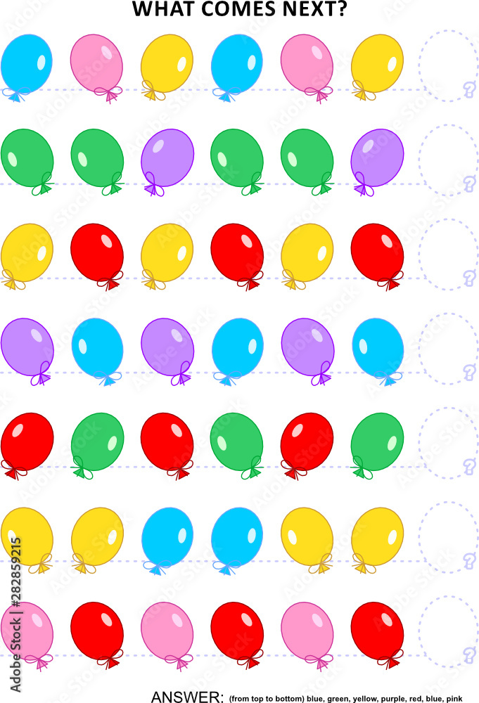 Educational logic game training sequential pattern recognition skills with colorful balloons: What comes next in the sequence? Answer included.