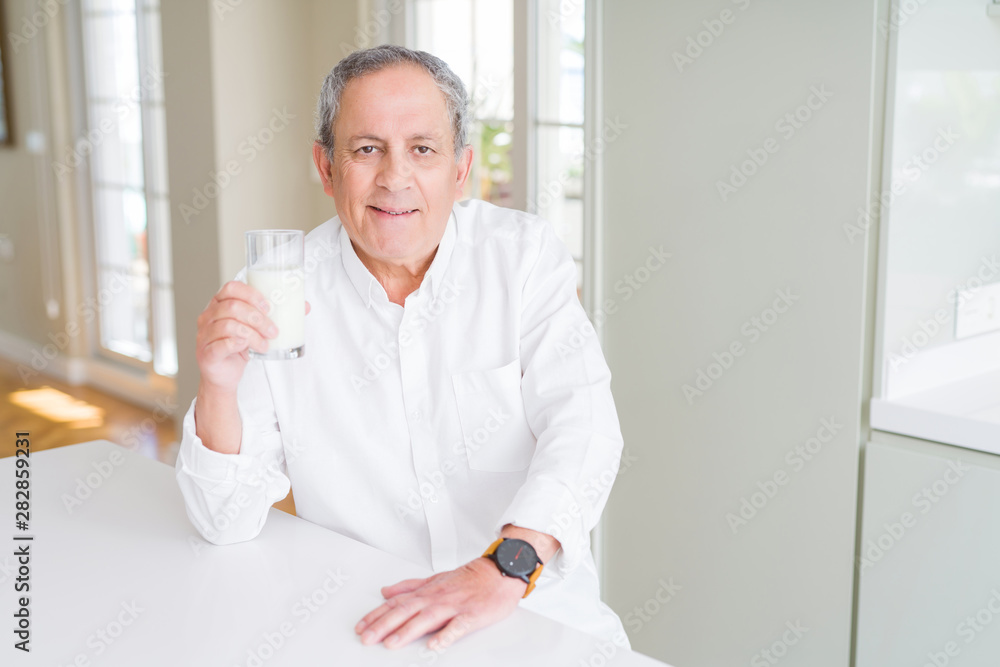Fototapeta premium Handsome senior man drinking a glass of fresh milk at breakfast with a confident expression on smart face thinking serious