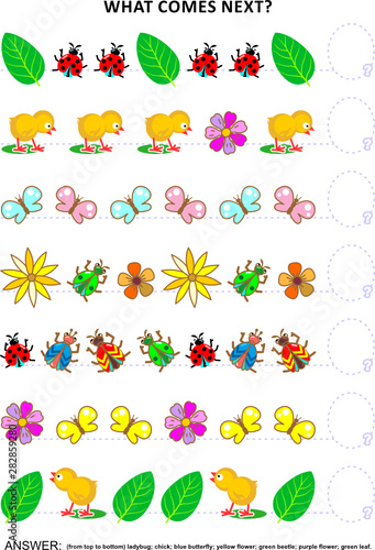 Spring or summer themed educational logic game training sequential pattern recognition skills with chicks, insects, flowers, green leaves: What comes next in the sequence? Answer included.