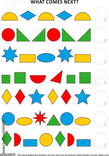 Shapes and colors themed educational logic game training sequential pattern recognition skills: What comes next in the sequence? Answer included.