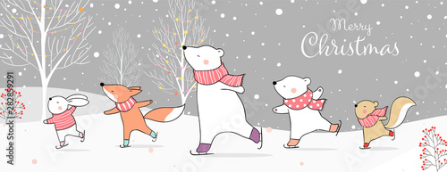 Draw banner animal on ice skates in snow Winter concept.