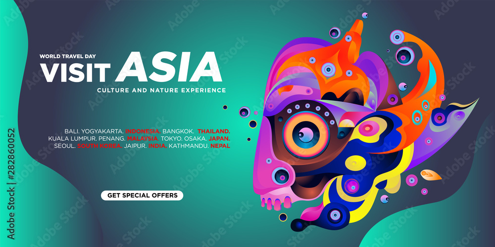 World Travel Day Asian Visit Banner Template. Vector Illustration of Indonesian Culture Mask and Puppet for Landing Page Banner.