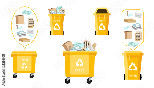 Set of yellow Recycling Bins, Containers and Buckets Vector For Paper Trash on white background. Waste management. Opened And Closed. Different size and kind of bins for garbage. Front View. Sign