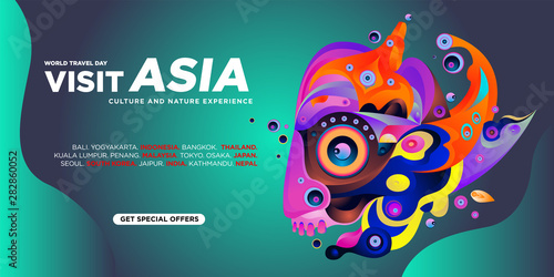 World Travel Day Asian Visit Banner Template. Vector Illustration of Indonesian Culture Mask and Puppet for Landing Page Banner.