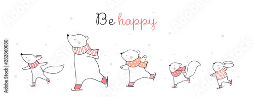 Draw happy animal on ice skates Winter concept.