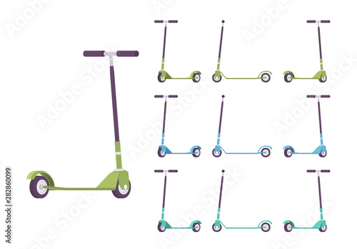 Kick scooter set in green, blue. Sport, journey equipment for land transportation, motion fitness vehicle. Vector flat style cartoon illustration isolated on white background, different vivid colors
