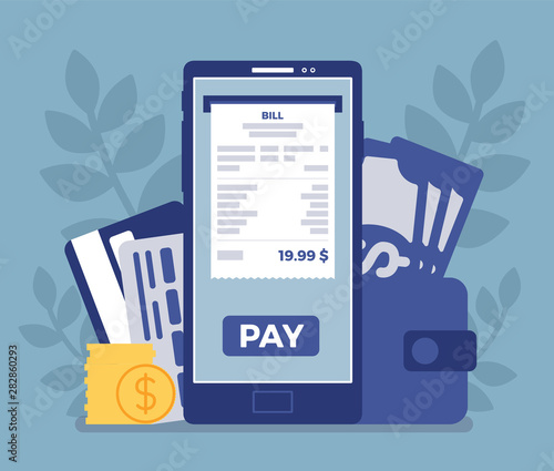 Digital bill mobile payment. Web platform to make purchases, transaction performed via a smartphone device, new bank and customer relationships, secure service. Vector illustration