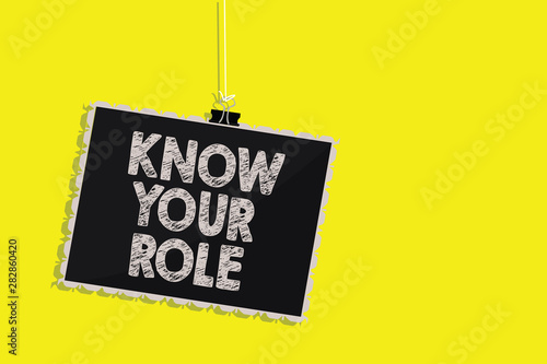 Writing note showing Know Your Role. Business photo showcasing Be clear of one responsibilities in a job or situation Hanging blackboard message communication sign yellow background