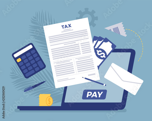 Online tax payment via laptop. Direct service for taxpayer with net-banking account, financial technology and business option for income calculation to simplify. Vector flat style cartoon illustration