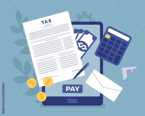 Online tax payment via tablet. Electronic service for taxpayers to pay individual income and business taxes, convenience e-Payment facilitates, mobile system. Vector flat style cartoon illustration