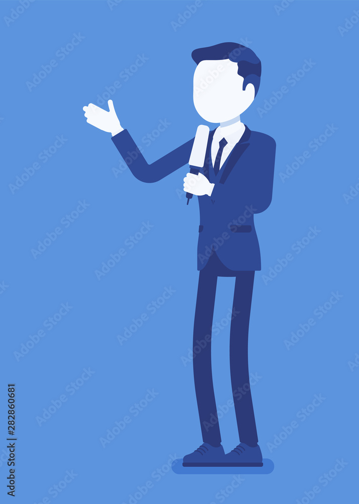 News presenter, male newsreader or newscaster broadcasting. Young man with Tv interview microphone, anchorman standing presenting breaking news and information. Vector illustration, faceless character News presenter, male newsreader or newscaster broadcasting. Young man with Tv interview microphone, anchorman standing presenting breaking news and information. Vector illustration, faceless character