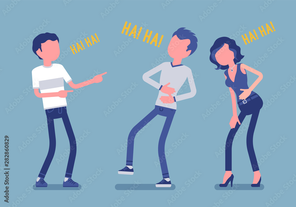 Naklejka premium Friends joking and laughing. Happy boys and young girl enjoy together funny friendly jokes, enjoyment, amusement, deep hearty belly laugh with positive humor. Vector illustration, faceless characters