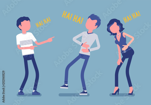 Friends joking and laughing. Happy boys and young girl enjoy together funny friendly jokes, enjoyment, amusement, deep hearty belly laugh with positive humor. Vector illustration, faceless characters