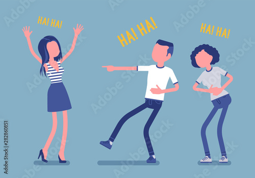 Friends joking and laughing. Happy girls and young boy enjoy together funny friendly jokes, enjoyment, amusement, deep hearty belly laugh with positive humor. Vector illustration, faceless characters