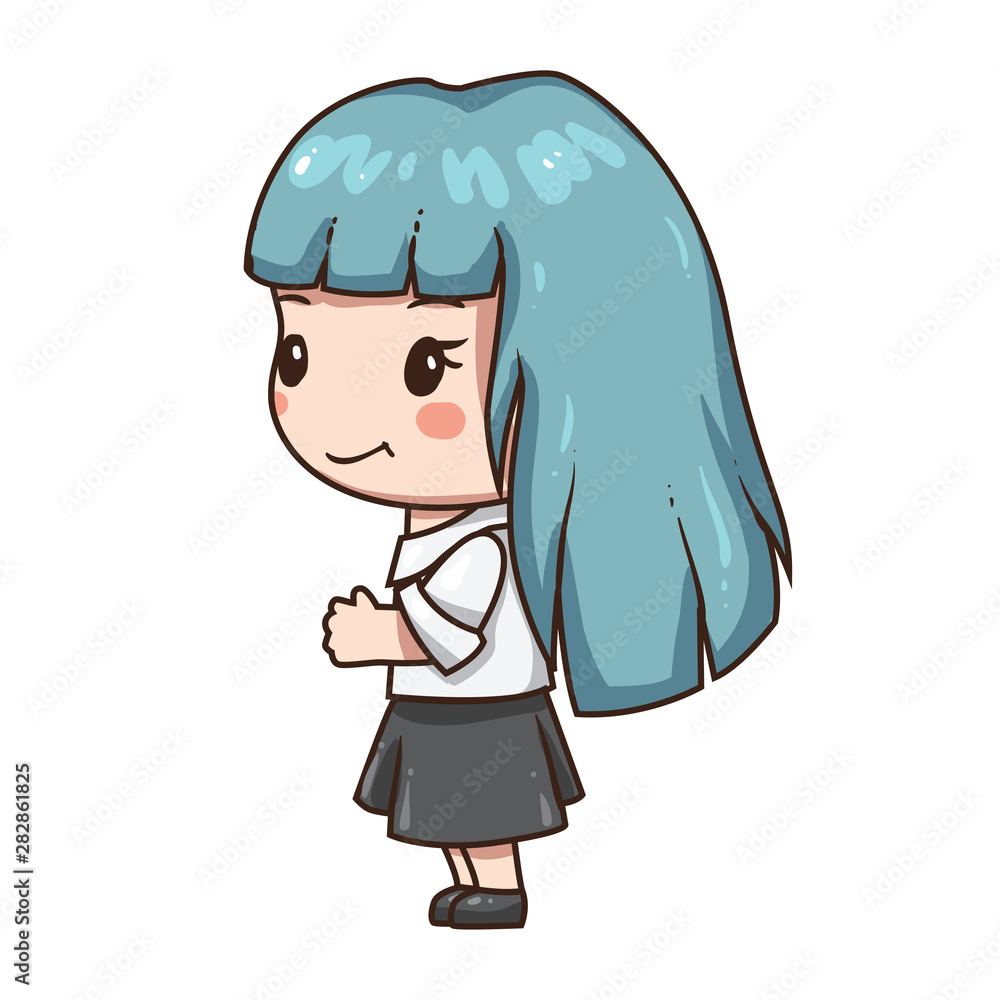 Vector illustration of cute chibi character isolated on white background. Young girl with blue hair. Formal black skirt and white blouse. Vector illustration of cute chibi character isolated on white background. Young girl with blue hair. Formal black skirt and white blouse.