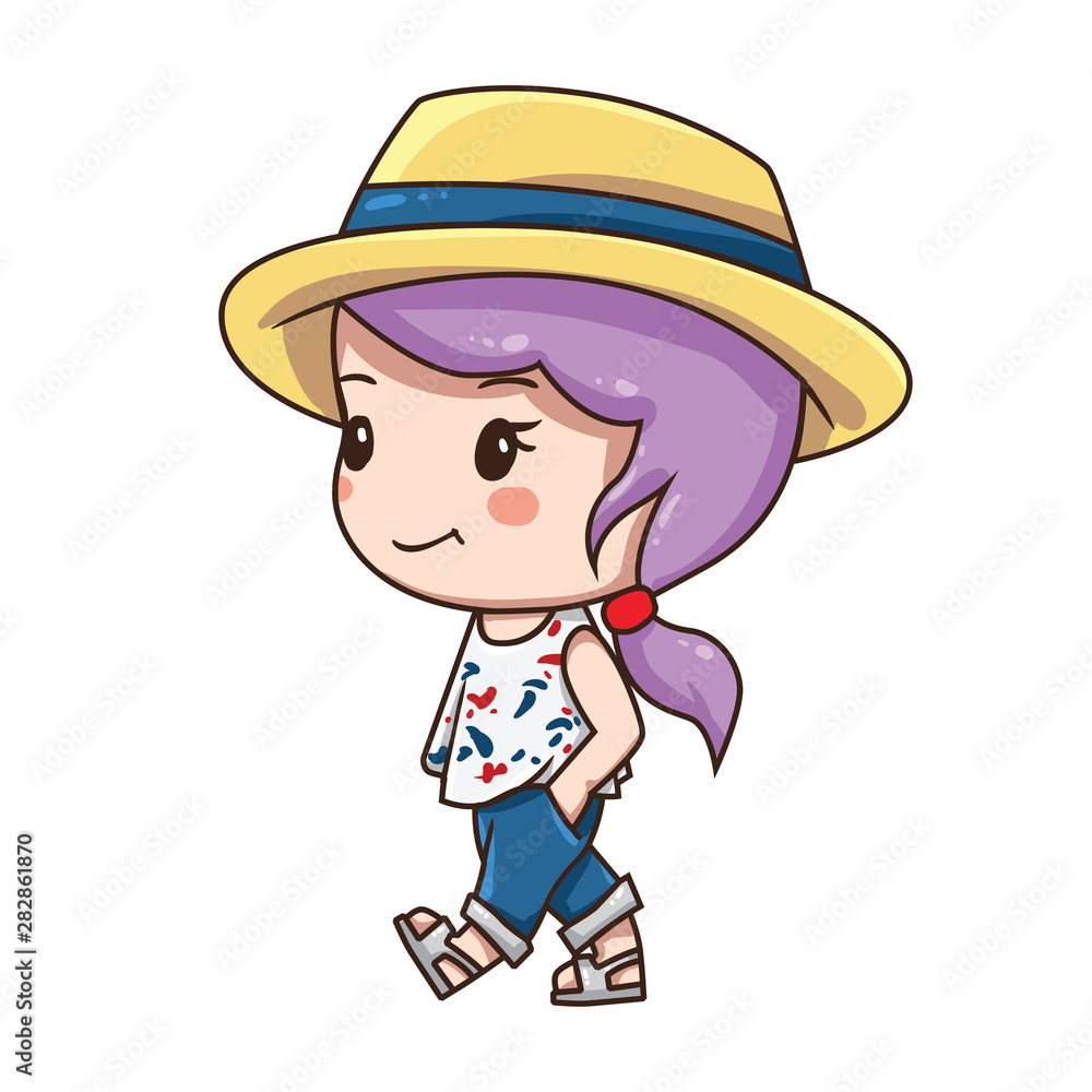 Vector illustration of cute chibi character. Cartoon walking girl in blue jeans, white t-shirt and hat with blue ribbon. Vector illustration of cute chibi character. Cartoon walking girl in blue jeans, white t-shirt and hat with blue ribbon.