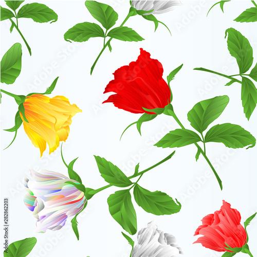 Seamless texture rosebuds  red white yellow and pink roses  twig with leaves festive background vintage vector illustration editable hand draw