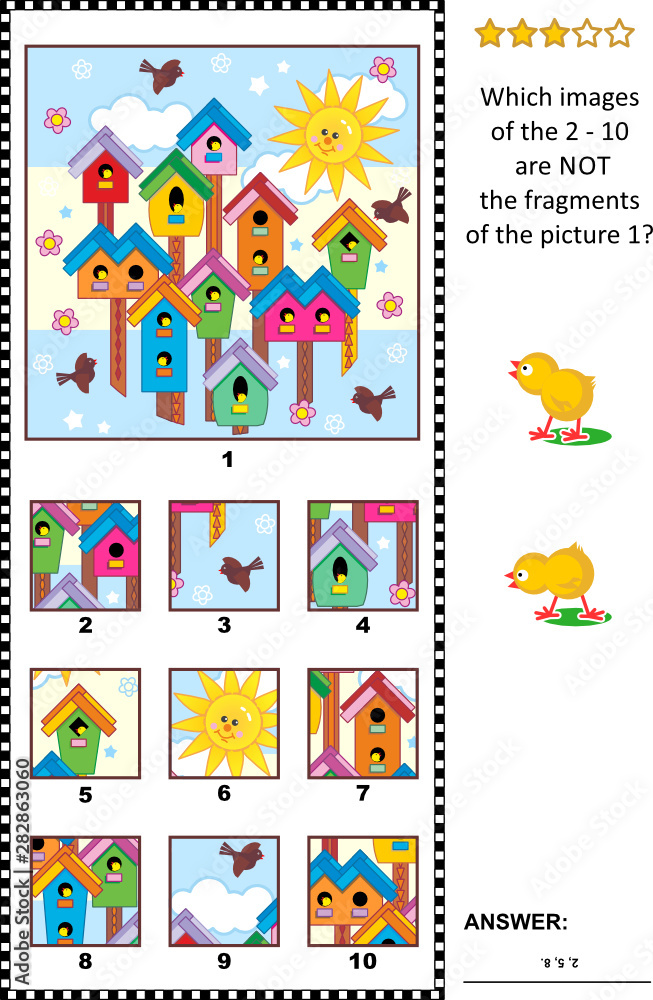 Spring visual logic puzzle with birdhouses, birds and nestlings early in the morning: What of the 2 - 10 are not the fragments of the picture 1? Answer included.