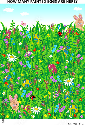 Easter themed page sized visual math puzzle to learn counting with fun: How many painted eggs are here? Answer included.